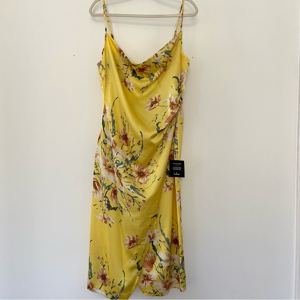 NWT Lulus Floral Print Satin Midi Slip Dress Size XL Yellow Wedding Event Formal